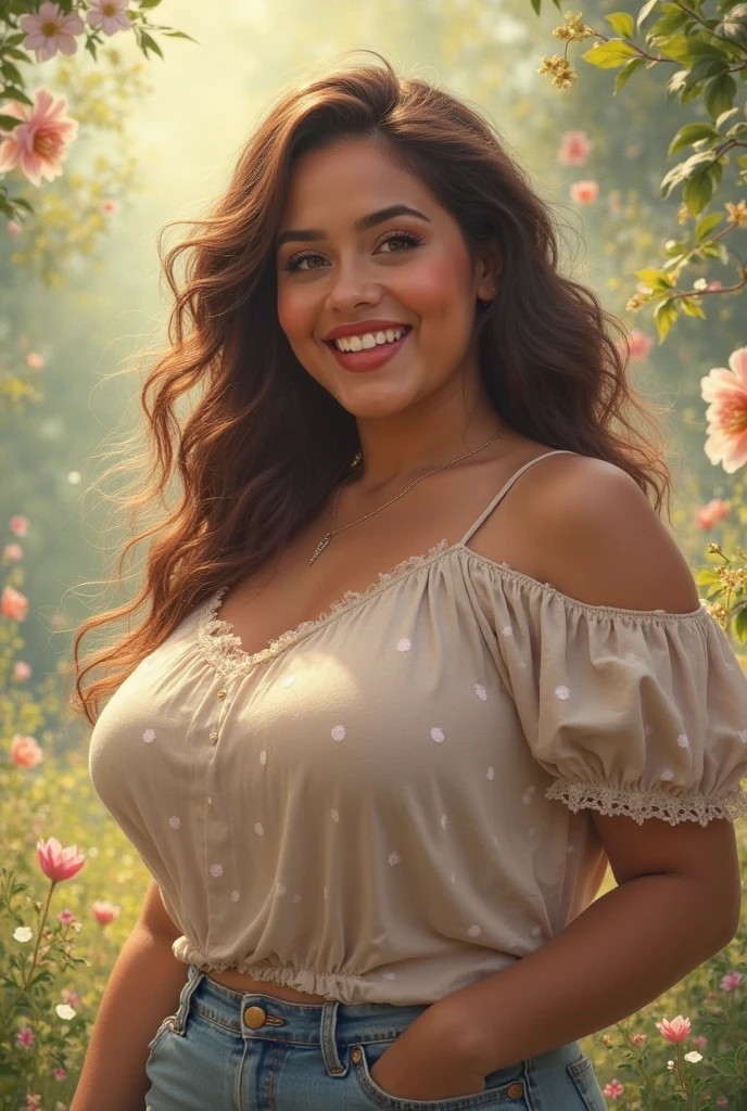 Short, five foot two inches tall, woman, long hair, dark brown, green eyes, round face, smiling, in a sunflower field, large breasts!, curvy physique, plump ass, curly hair, wearing white shirt, v-neck, wearing jeans, enhanced cleavage
