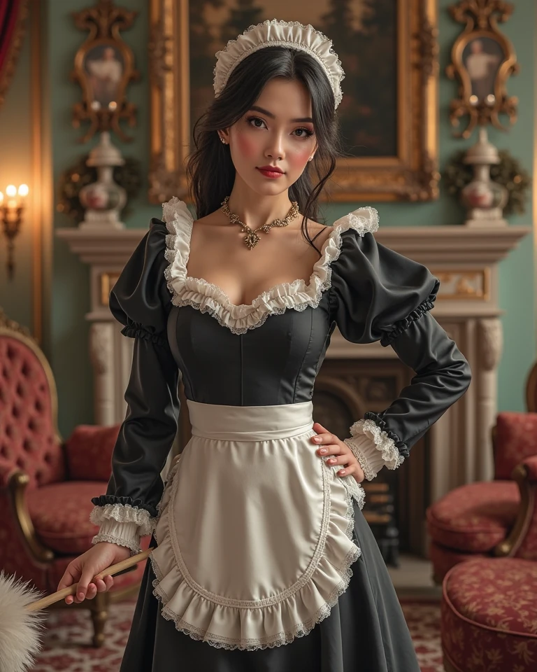 Highest quality、masterpiece、8K、Very detailed、Realistic、50 years old、Wrinkles around the eyes、Wrinkles around the mouth、One person、Looking at me with a smile、whole body、Big Breasts、Erect nipples、Thin and beautiful legs、Tight and slim waist、Tight maid outfit、skirt