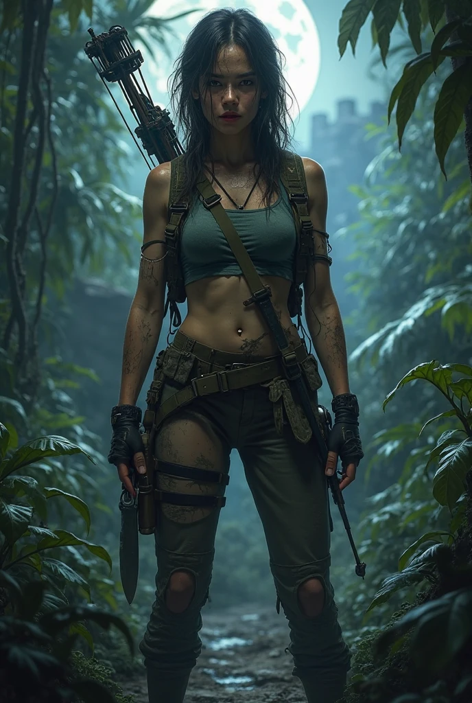 Zombie apocalypse, swamp, sexy teen, tied up hair, machete, torn tanktop, cargo pants, nsfw, exposed skin,