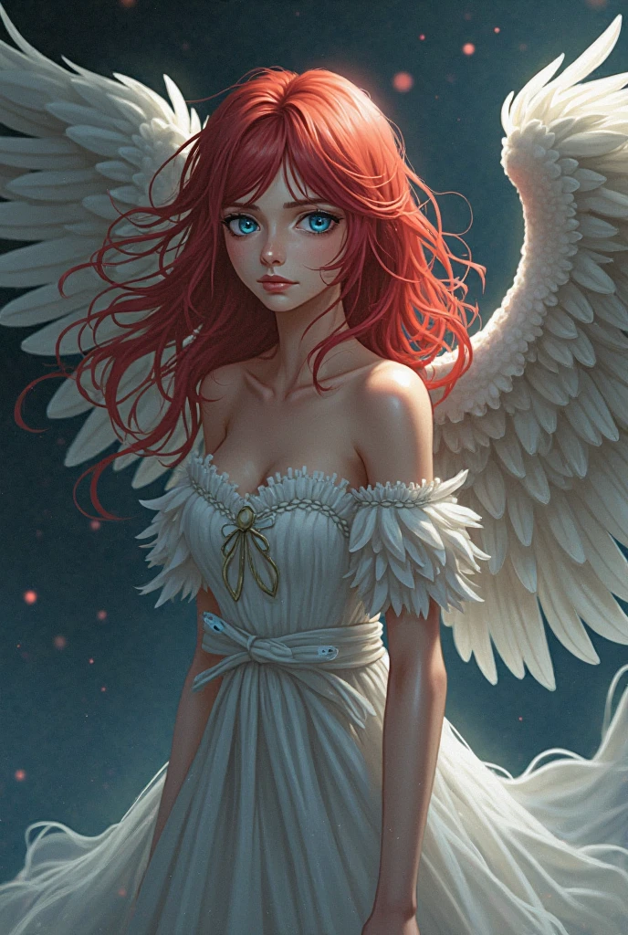 An anime woman, with long red hair, pink eyes, white gown, with angel wings, half of the body