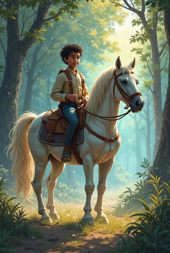 Ilustration beautiful boy black skin, short hair, no shirt, only pant, in century 18, beside white horse , style like anima

