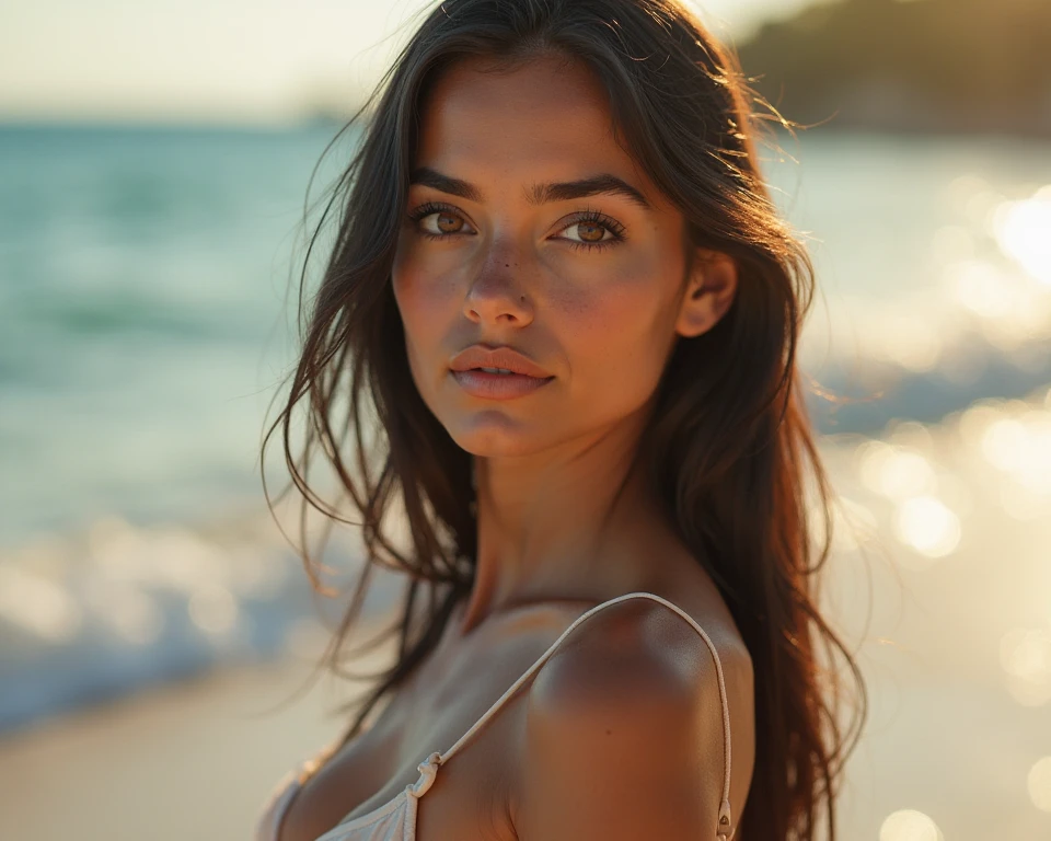 girl at the beach, (((full body picture))), highest quality, epic realistic, high contrast ,glorious picture, lowest lux, lighting face, she's comfortable, looks incredible, (8k, Raw photo, Highest quality),(epic realistic:1.5), a woman,(looking at the camera:1.4), (Highest quality), Intricate details,cinematic,((skin:1.4)), (long dark hair:1.3),