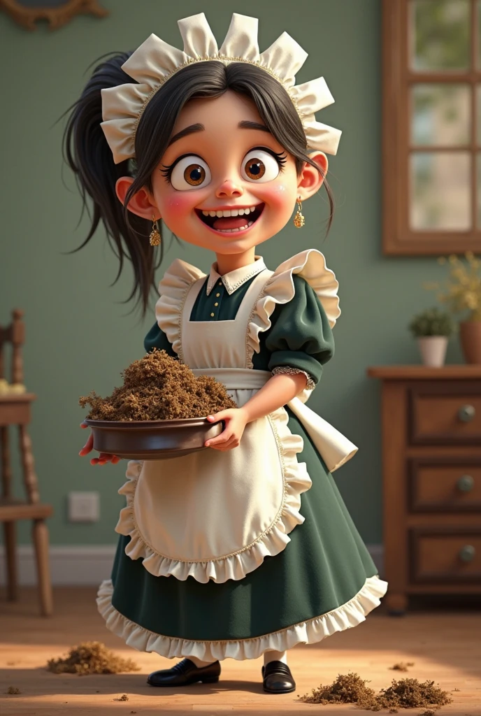 A little girl dressed as a cook, holding a hamburger, smiling, dark curly hair, beautiful face, in high definition, image in hd, in perfect quality, with a white background