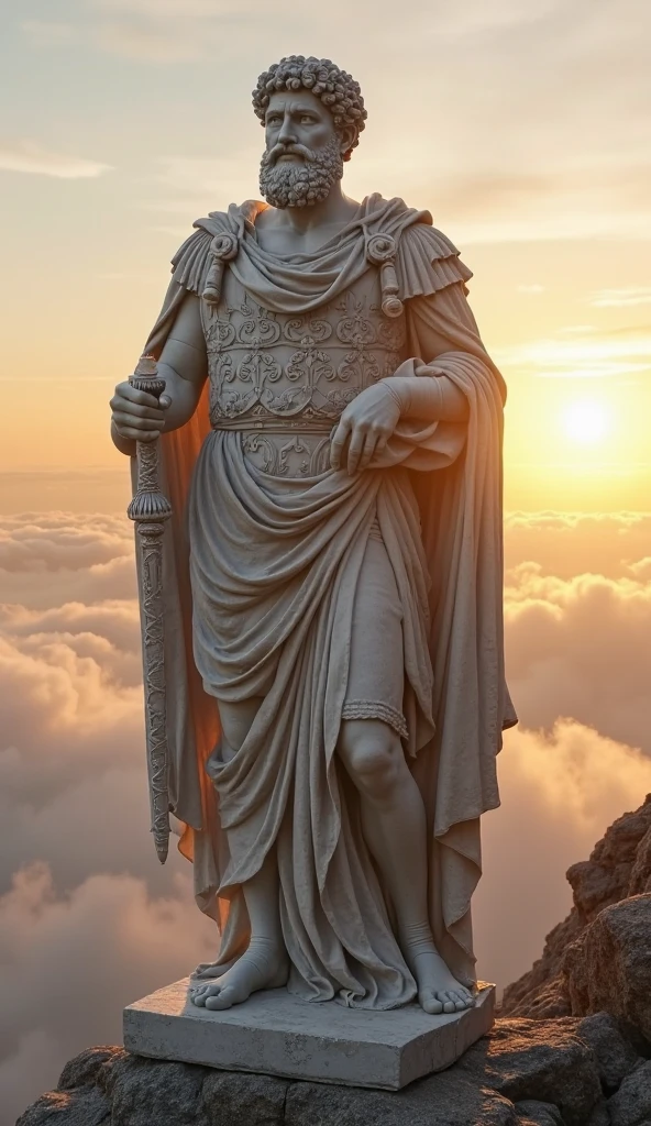 A realistic Greek white marble statue of Zeno of Scythia, em um veleiro no mar violento, tempestade corajoso, assustador, wearing a ghostly toga, fundo neutro,  Moody,  fotorrealista, super detalhada, Hiper realista, luzes brilhantes, 8k