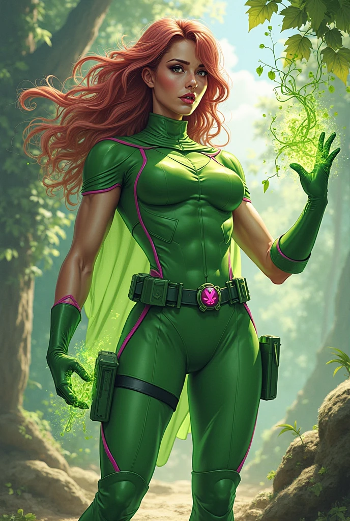 (poisonivy, Poison Ivy:1.0),  (side parted long red hair, green skin, green eyes, green lips), white tank top, black jacket, green leggings with plant details, black high heels, (full-body-shot:1), (Cowboy-shot:1.2), plants, leaves, flowers, neon lighting, dark romantic lighting, (highly detailed:1.2),(detailed face:1.2), (gradients), colorful, detailed eyes, (detailed landscape:1.2), (natural lighting:1.2),(detailed background),detailed landscape, (cute pose:1.2), <lora:poisonivy-10 (1):0.6>  <lora:add_detail:0.05> <lora:hipoly3DModelLora_v10:0.05>  <lora:RSERomantic_RSESofiko_RSEEmma-v1:0.1> <lyco:coloredSkin-08:0.5>