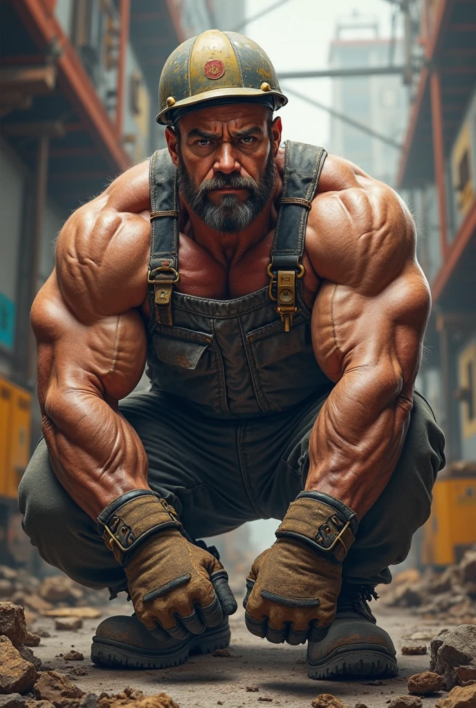 generate an image of a male engineer with a white helmet,fat and muscle, consuming steroids.