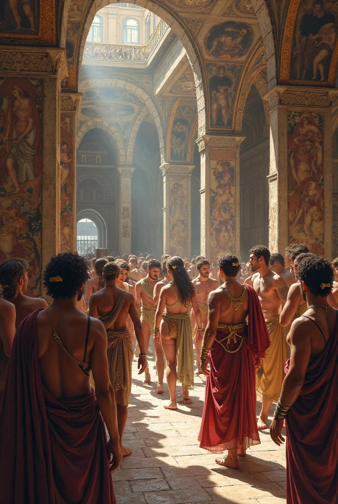there are many man and a woman in the on the greek market, ground woman background, nude, naked, chicken and dog on ground, greek man with hurricane lamp running, a Greek man walking and debate with another old man, another poor man sitting on floor, female god statue, full body white cloak, shield, bow, sword, white hair, masculine, mature, naked, hairy torso, fantasy, intricate, elegant, highly detailed, digital painting, concept art, smooth, sharp focus, illustration, amor, helmet, sword, shield, Greek god. handsome,painted of rugged zeus and queen hera singing with lia, god of thunder, female greek god, white hair, masculine, mature, handsome, upper body, muscular, hairy torso, fantasy, intricate, elegant, highly detailed, digital painting, artstation, concept art, smooth, sharp focus, illustration, art by gaston bussiere and alphonse mucha, almost naked