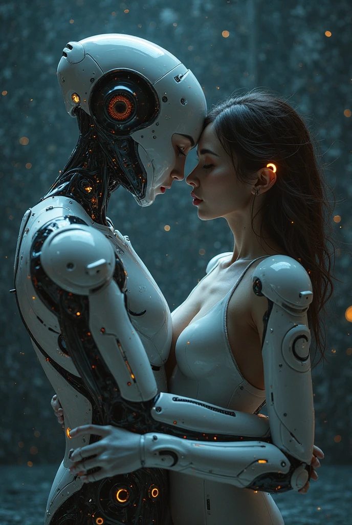 A 25 year old realistic real man in jacket clothes and a female robot passionately lingering hugging and kissing, complex 3d rendering very detailed beautiful ceramic silhouette female robot face, robot, robot parts, 150mm, beautiful studio soft light, edge light, vibrant details, luxurious cyberpunk, lace, surrealism, anatomy, facial muscles, cable wire, microchip, elegant, beautiful background, octane rendering, HR Giger style, 8k, best quality, masterpiece, illustration, very refined and beautiful, very detailed, CG, unified, wallpaper, (realism, realism: 1.37), amazing, fine detail, masterpiece, best quality, full body,