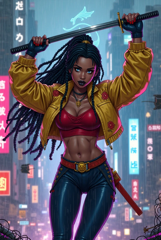 (Masterpiece) (High Detail) (High Res) (Black Skin) Looking from below A young black humanoid FutEred with dark skin and ebony flesh and green eyes and short black hair and goat ears and short dark goat horns and a toned teen body and average breasts wearing a wild west outfit dressed like a bandit with a long duster coat and a red shirt with loose pants