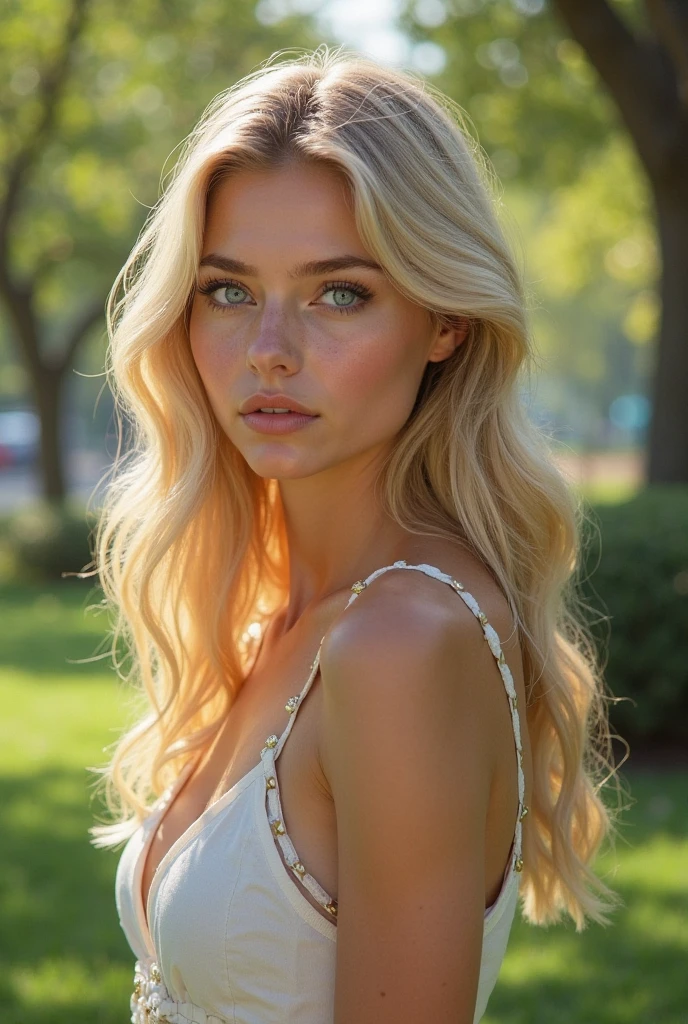 Beautiful blonde girl with blue eyes on a luxurious terrace in summer which is located in France extremely detailed, realistic, photorealistic, high quality, 4K, 8k, head of'artwork, ultra detailed, Couleurs vives, HDR, studio d'lighting, sharpness, physical rendering. portrait professionnel