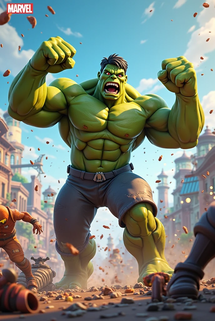 Here’s the prompt focused on Hulk:

**Prompt:**  
"Hulk is shown in a dominating battle with Thanos, where Hulk's immense power is on full display as he overpowers Thanos. Hulk's massive fists are striking Thanos with unstoppable force, and Thanos is visibly struggling to defend himself. Hulk’s expression is one of sheer rage and unstoppable strength, his muscles bulging as he delivers blow after blow. In the background, the other Avengers like Iron Man, Captain America, and Thor are fighting their own villains, but the primary focus is on Hulk, who is clearly in control of the battle, unleashing his full fury on Thanos. The scene is filled with intense, vivid colors that highlight the sheer power and destructive force of the Hulk."