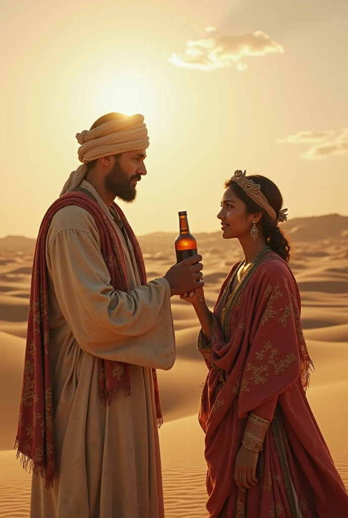 Arab people from 20 BC trying to celebrate in the desert and drinking beer from wooden cups