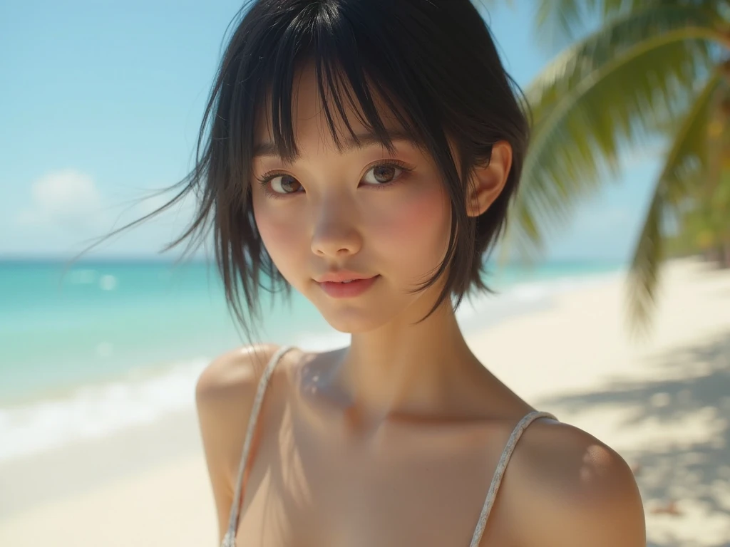 One Girl,(1人のとてもcute女の子:1.3),masterpiece,Highest quality,High resolution,From below,Low - Angle,Photorealistic,RAW Photos,Ray Tracing,beautiful girl,(15 years old:1.3),cute,Big eyes,(detailed pupils:1.2),(The face is facing straight ahead:1.3),Body facing forward,Beautiful nose,High nose,Upturned nose,Fuller lips,Short black hair,ponytail,short hair,Detailed eyelashes,Thin eyebrows,Very fine grain definition,(Symmetrical eyes:1.3),(Face close-up,Face Focus:1.0),Small breasts,Short neck,White swimsuit,White Bikini,The background is the sea,Southern Island,sunset,Sunset,Portrait,View Viewer,Upper Body,Cinema Lighting,High resolution,Very detailed