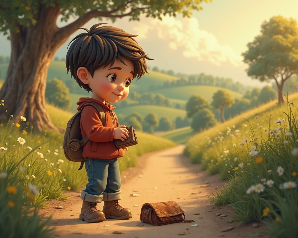 Draw Carlitos, an 8-year-old boy with straight brown hair, posing in the park and found a very old book hidden under a bench. 