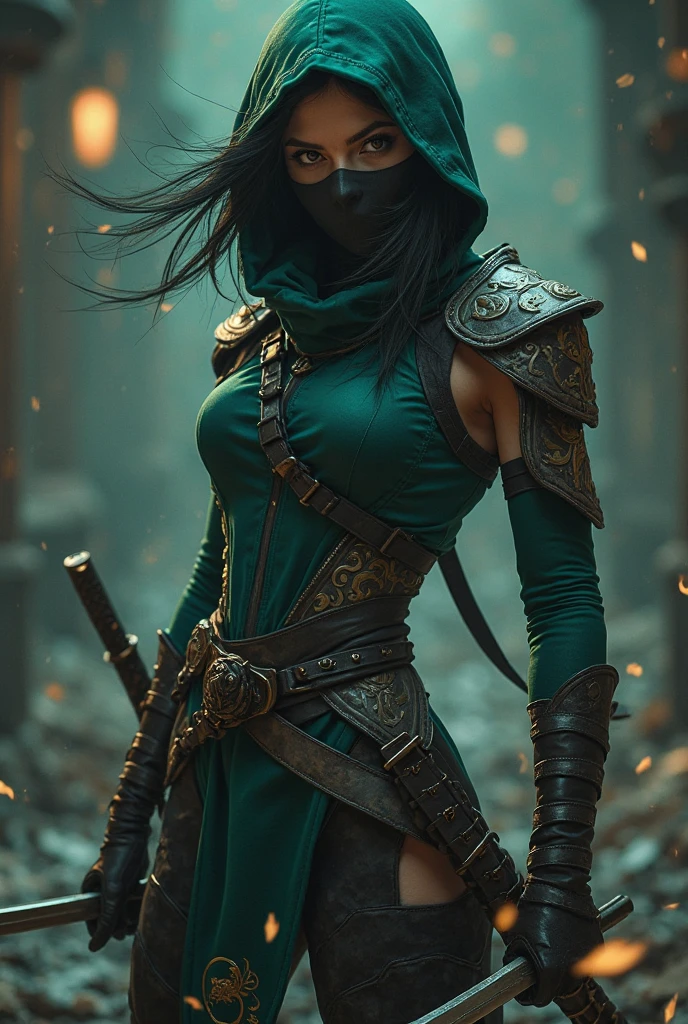 female character with short green clothes with a very beautiful body and defined muscles, hair tied up and carrying her ninja weapons while hiding her identity with a persona mask over her eyes