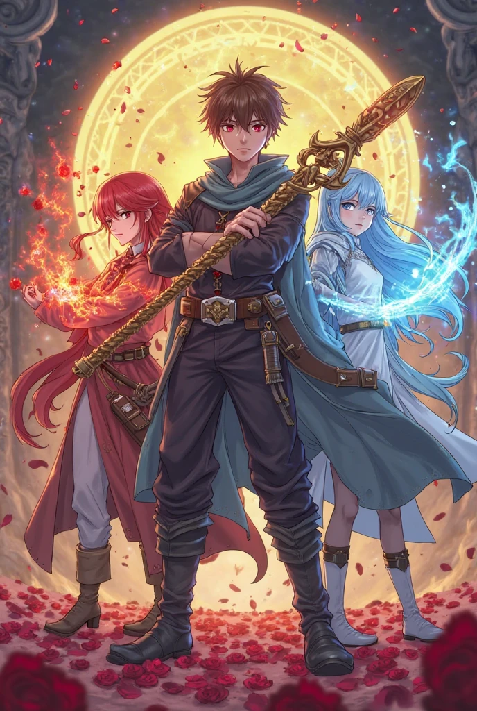 A red-haired fire wizard, a black-haired lightning wizard, and a blue-haired water wizard, three women, beauty, magic, fantasy