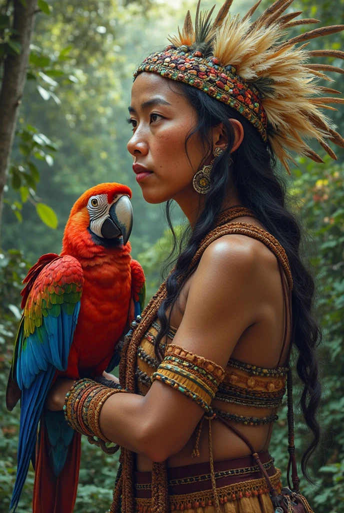 Orange fabric, fashion, a native top model with macaw feather props on her arm framed on the right of the image, Yanomami from Brazil, oriental features, straight hair, light brown skin, body with indigenous graphics with soft lines, neck with colorful beaded necklaces, empty space on the left, abstract fabric, indigenous graphic pattern drawn in black on the edges of the fabric