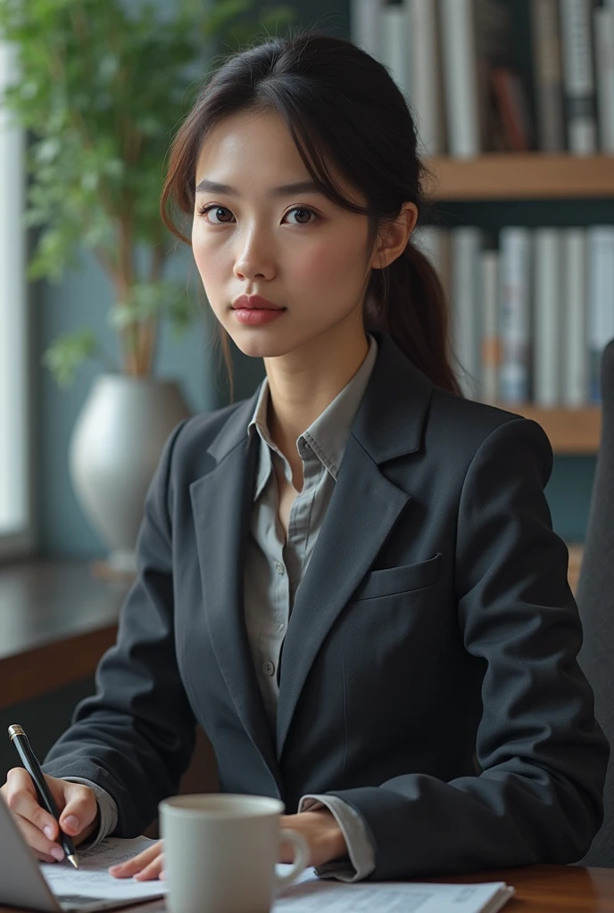 A beautiful Japanese woman with a business-like upper body