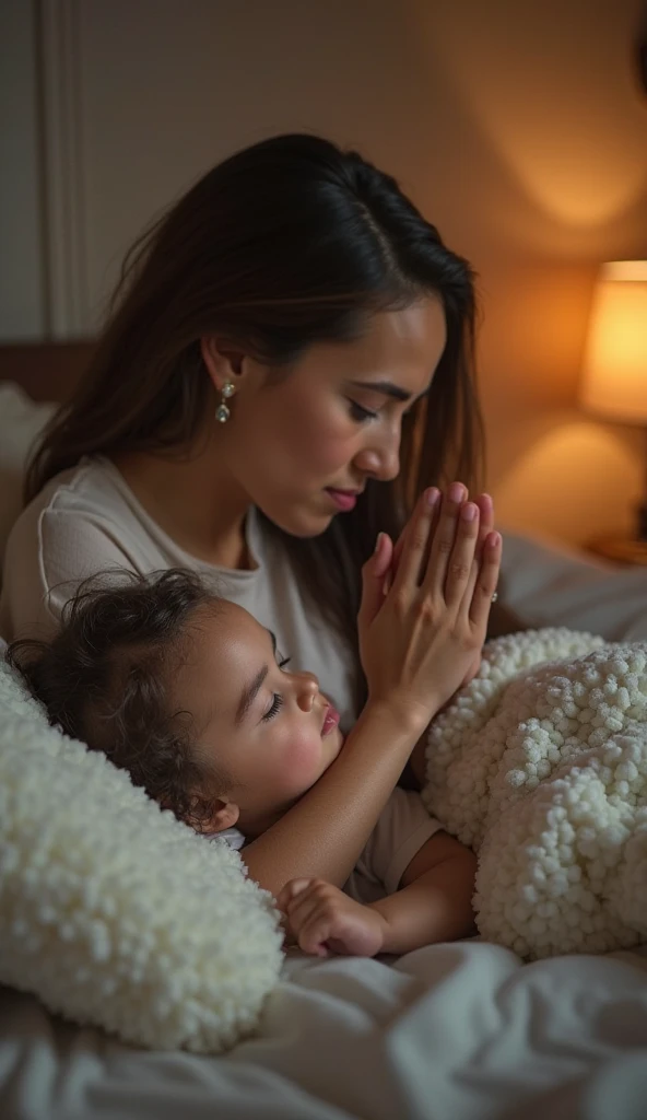 An elderly woman in a white dress with a gentle face is praying beside her 10-year-old daughter's sleeping bed, bedroom background, wide side, full body, realistic, 4k