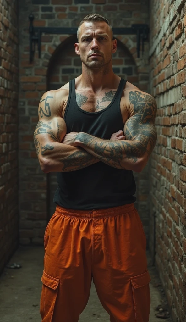 white haired man with tattos with shirtless prison outfit standing in prison courtyard