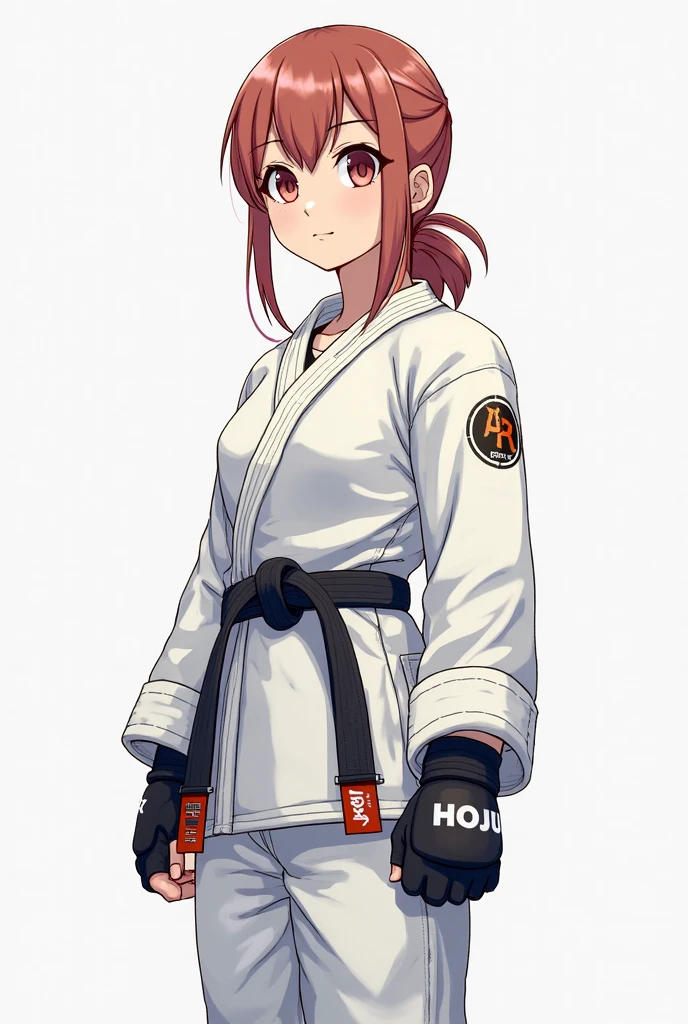 Red long curly hair with red eyes, white karate top, no pants, black belt, white thigh highs socks, dojo background