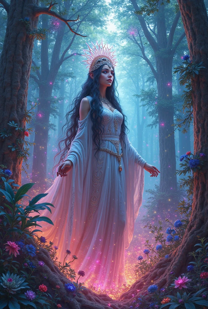 (best quality, highres, ultra-detailed, realistic:1.37), female, glowing purple eyes, long flowing blonde hair, witch, goddess, casting glowing spells, mystical fantasy woods, evil smirk, enchanted atmosphere, hauntingly beautiful, ethereal, dark magic, mesmerizing, captivating, mysterious aura, wisps of magic, moonlit glimmer, ancient power, bewitching presence, enchanting glow, intricate spellcasting, swirling energy, mystical symbols, surreal landscape, majestic trees, vibrant foliage, moonlight filtering through the branches, flickering lights, magical creatures, enchanting melodies, otherworldly whispers, ethereal haze, divinely powerful, aura of darkness, enchanting beauty, spellbinding gaze, magical essence, intoxicating charm, femme fatale, mythical realm, hauntingly seductive, spellbound onlookers