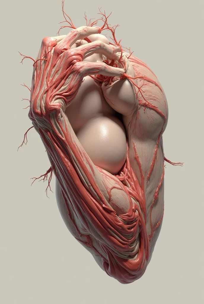 A man is embedded between a humanoid shell of flesh and blood, as if wearing a very warm and wide dress, his head sticks out from a woman's chest, his limbs and torso are completely integrated with the woman's body, and a placenta extends from his lower abdomen, like a bond connected to the woman who wraps him.