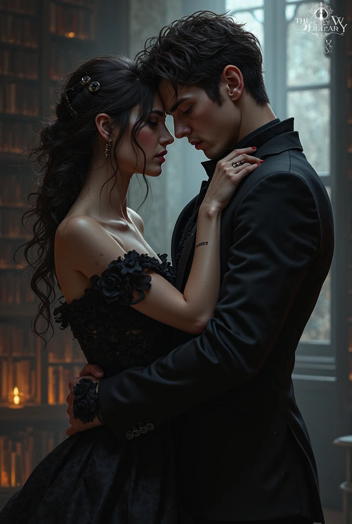 A Victorian couple, elegant, dark, vampire, holding each other, dark aesthetic, vampire aesthetic, book cover aesthetic, kings close
Woman: long hair, curly, brown hair, not much volume, english, Anthrazit dress, elegant, 23,
Guy: black hair, short hair, black clothing, Nobility, 24, masculine features, sharp jawline, green eyes, Welsh, whiskey, hot