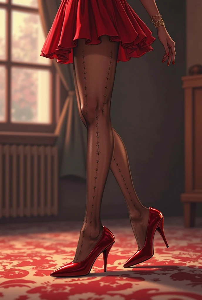 Please draw me a pair of red leather high-heeled shoes with wooden soles, closed toe, designed for girls, made from crocodile leather, resembling an oil painting, like a world-class shoe designer.
