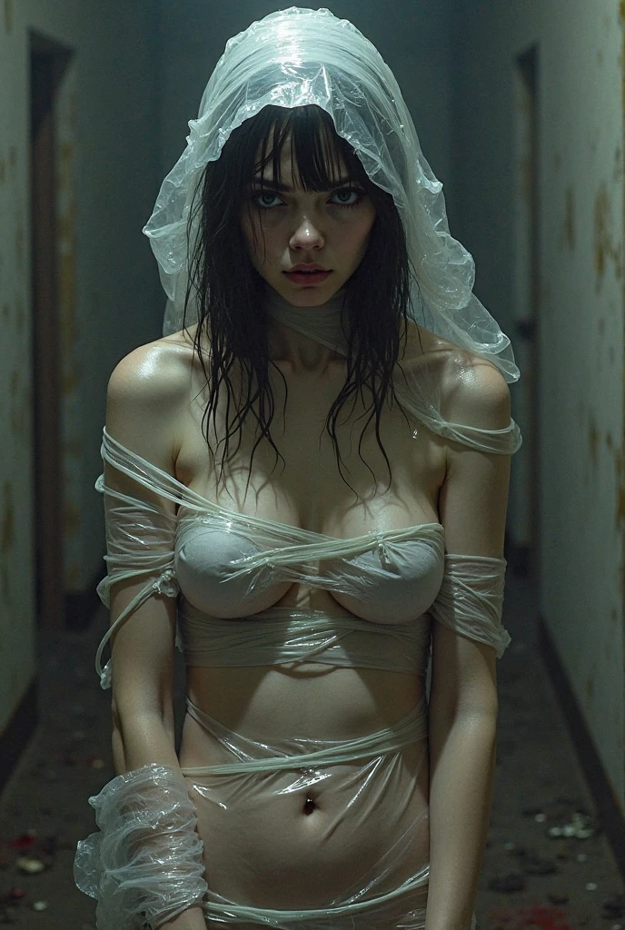 Gothic art image of a sexy and erotic gothic sado young white woman with black hair taken naked with big breasts with a very transparent veil that shows her naked body wet body naked in a church in a cage dark veil perfect big breasts wet body naked sadomasochism open legs masturbating 