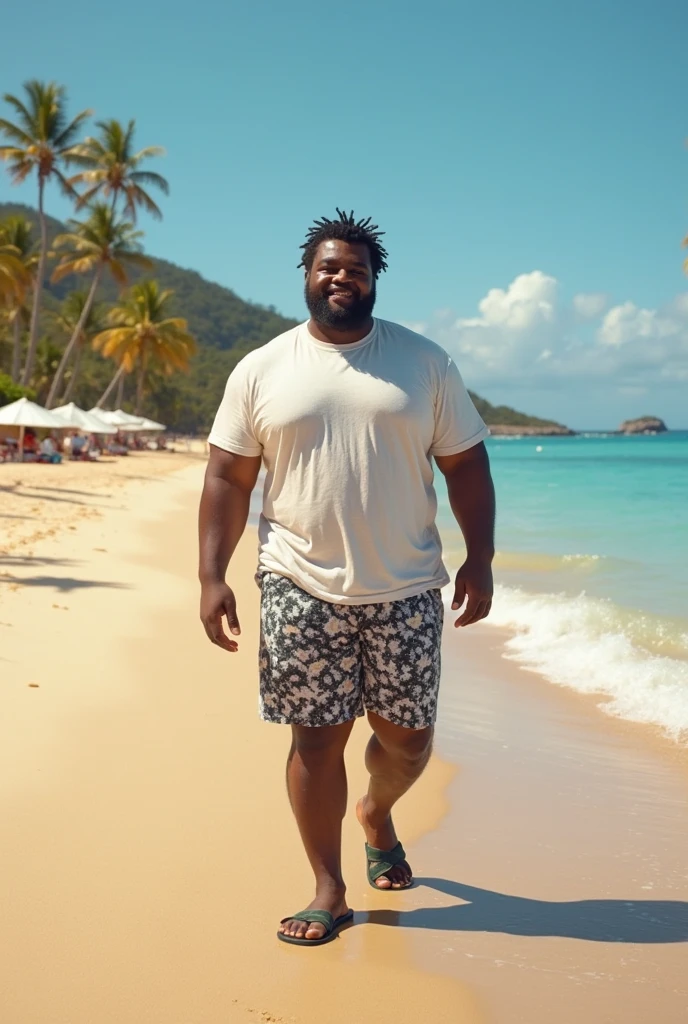 A chubby man, make him naked and showing his penis
