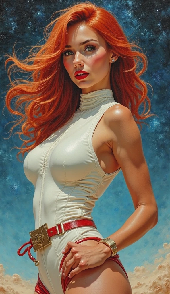 Redhead, sitting, red curly hair, white skin, green eyes, looking at camera, freckles, long curly hair, European youth, perfect body, (perfect body), closed neckline D cup breasts, complete nightsuit, adjusted Full coverage suit, tech suit, closed neckline, on a high tech futuristic space ship at night, night holograms, fashion photorealism, photography, sharpness, unique 850 4, rich color, hyperrealistic texture, spectacular light texture, surreal art, Cinestil 800 fashion mechanism