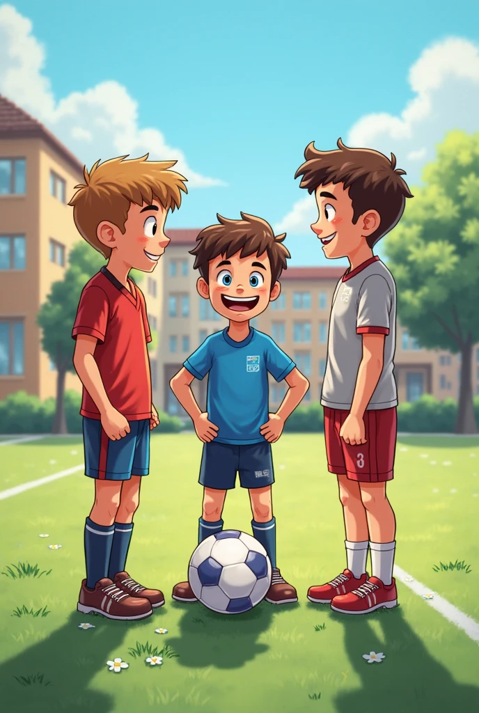 illustration, 8 year old boy, with sports clothes, skinny and small, On his side there are boys 8 years taller than him, with sports clothes, on a small soccer field