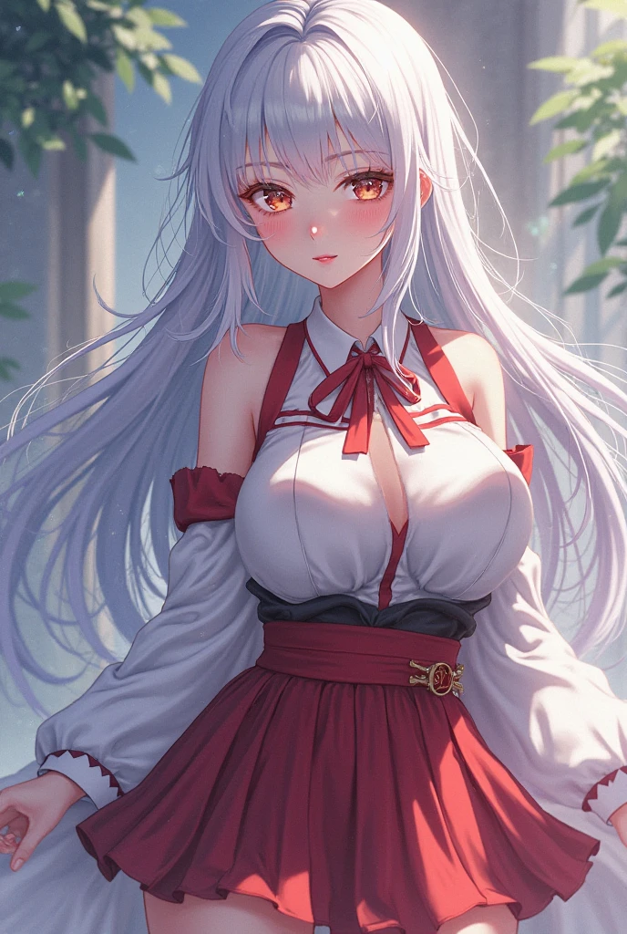 (masterpiece, best quality), best quality, (ultra-detailed), (4heads:1.4), 1girl, (fujiwara no mokou:1.3), masterpiece, best quality, white top, crop top, ((stomach)), midriff, ((groin)), red skirt, normal ears, shackles, white hair, very long hair, wavy hair, sidelocks, red eyes, parted lips, single horn, sweat, cute, toned belly, hand on own chest, eyelashes, (20 year old woman:1.3), (masterpiece:1.4), (best quality:1.4), (beautiful detailed), extremely detailed CG, extremely delicate and beautiful, depth of field, (finely detailed face), (perfect details:1.0), (mature female:1.3), wide pelvis, slender, large veiny breast, 8k resolution, high quality, high definition, extremely detailed, masterpiece, best quality, white hair, long hair, alluring presence, braid, short skirt, close up, big tits, young,