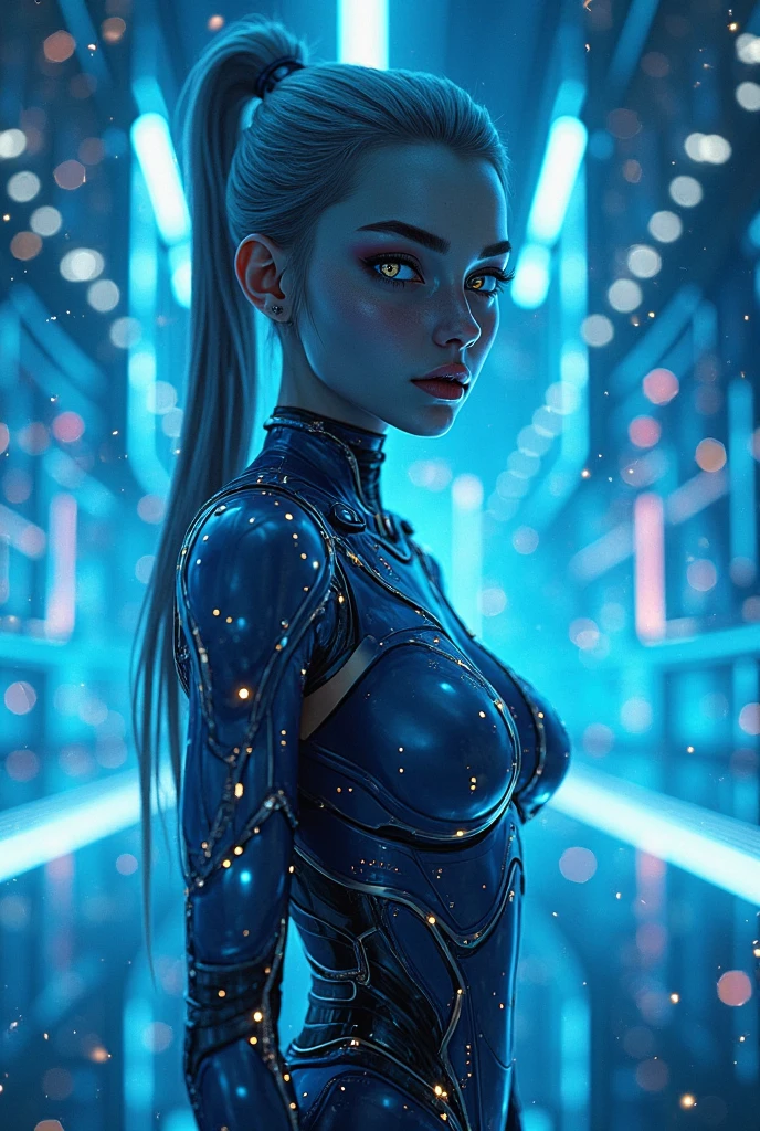 Beautiful female android, model-like body, glowing eyes, metallic body, shiny smooth surface, background reflected on body surface, blue-black body, downtown at night, neon sign, raining, cyberpunk cityscape, blur background, emphasize outline of person,