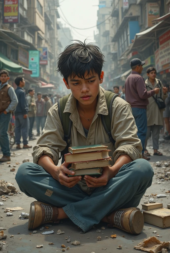 (photorealism:1.2), Homeless boy with book-shaped hairstyle