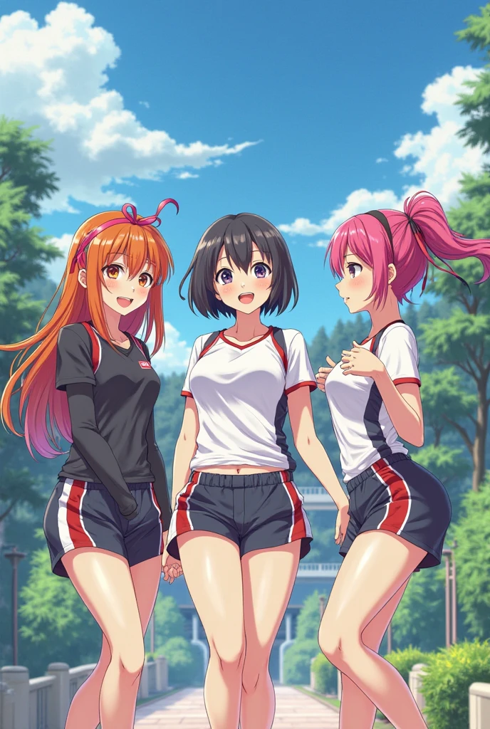 (1 Silence Suzuka running at field,) uma-musume, (solo:1.3), orange long hair, (bouncing unaligned huge breasts:1.2), white gym uniform, (tight short black brm:1.7), (cameltoe), skinny, (bared skinny long legs), masterpiece