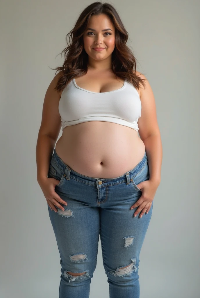 Woman with a fat belly wearing tight pants and shirt embarrassed because you can see how fat she is
