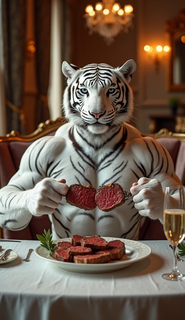 Bill is a tiger who has a well-built body, he wearing a white underwear, he invades a kitchen, raid the fridge, eating burgers at fridge, anthro tiger, male, adult, white fur, buffed body, sexy, beefy body, furred body, beautiful, furry chest hair, realistic, full body, photorealistic, ultra realistic, 8k, night, bare-chested, tail, sexy butt, fluffy butt, in back turned posing