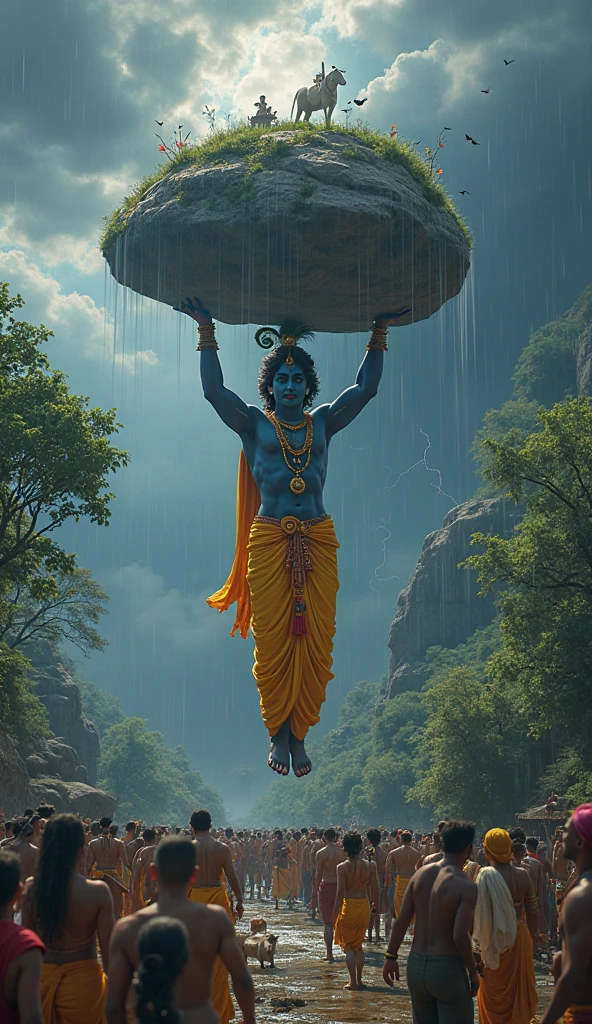 Lord Krishna lifting the govardhan parvath mountain in the stromy weather with his little finger
Photo realism