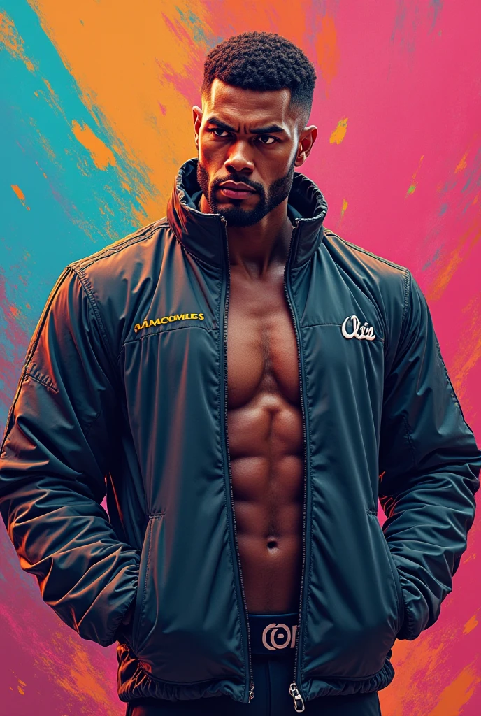 a handsome muscular naked black man with a tiny waist, bodybuilder wearing a blue thong, with an outrageous blue mohican haircut, standing facing the viewer, full body image, seen from a low angle