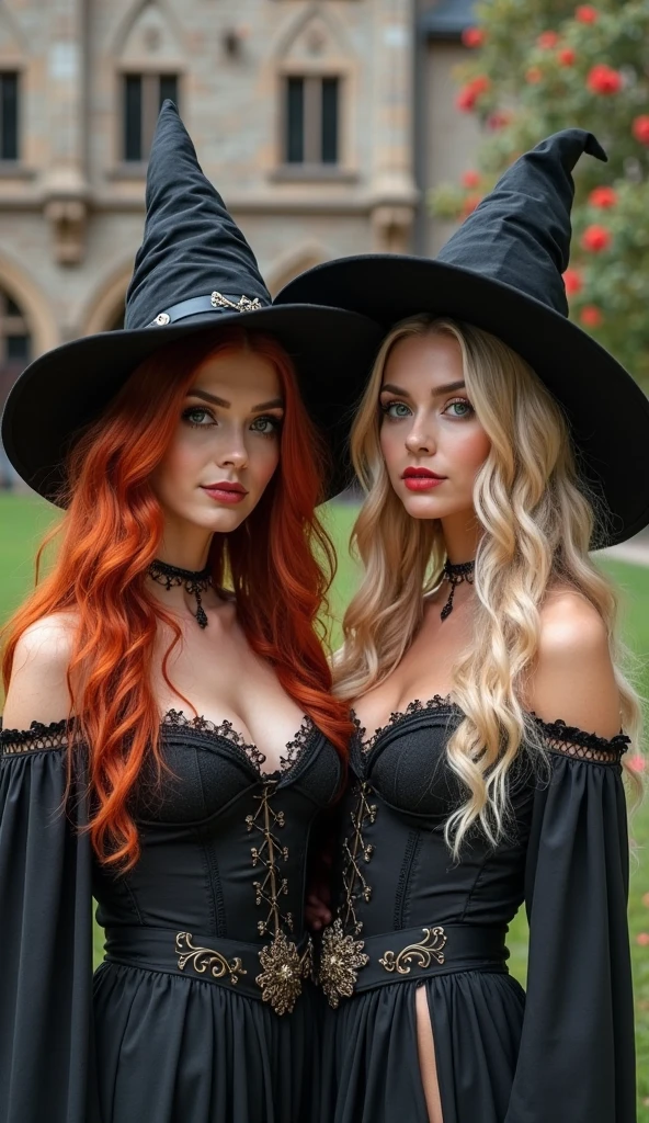 ((close-up)), three beautiful witches, hot, beautiful, horny, sexy, with red hair, beautiful lips, flowing curly hair, wearing low-cut black dresses, witch hat, are sitting in front of a table full of cakes and sweets at tea time, smiling, happy, and in the background there is a surreal forest, a beautiful day, with a dirt road with forests and greenery on both sides, tea, midsummer style, celebration, color theme of the summer solstice, secret society of witches' tea, hyperrealistic beautiful witch girls, beautiful, incredibly beautiful witches, witches tasting photorealistic sweets at a gathering, a beautiful fantasy gathering of hot witches in a forest of intricate details.