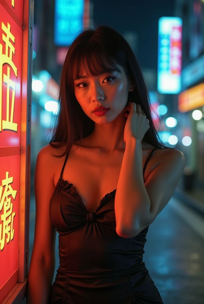 , watch the viewer, real, one girl, small face, , cowboy shot, (fisheye), narrow and dirty room, cotton panties, Japan old red light district, (((prostitute)), ((night)),