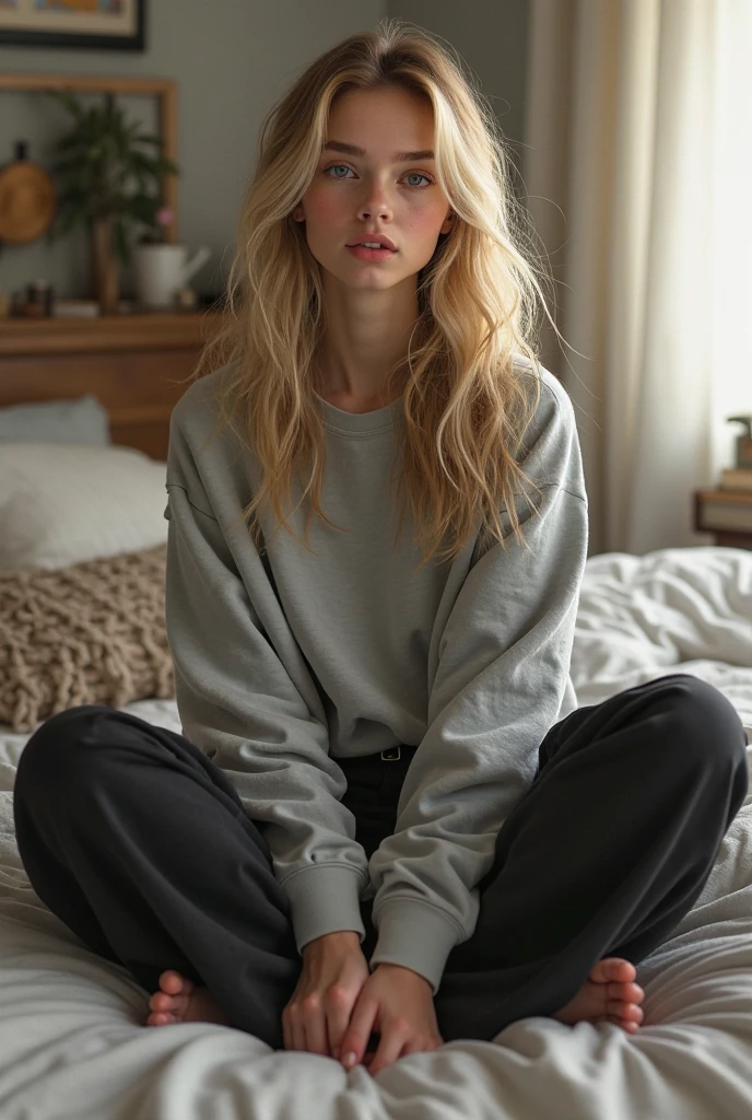 Create an image of a blonde woman with a serene expression, wearing a casual chic outfit, poised in a sunlit urban loft that exudes a cozy yet stylish atmosphere, with hints of green plants and modern decor in the background.