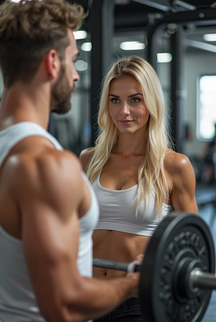 Robô de Seaart Txt2Img Estúdio Detalhe magnífico, 8K Photos, hyper- realism, realistic background, visual depth, wide angle lens, professional light, full body photo. "{one [Woman] working out at the gym with the help of a man [staff] trainer.} {a [Woman] she's a natural blonde, co 1,58m, Bust 93cm, chest 85cm, waist 80cm, Hips 100cm.} {a Woman está com o cabelo preso, in a ponytail hairstyle, slightly sweaty, wearing a yellow outfit, wearing tight leggings that enhance her curves and thick legs. It's a short top, showing her belly button and upper chest.} {a [Woman] she's doing weight squats and [staff] she's watching. {The setting is a high-end gym, with new, modern and well-maintained equipment.}