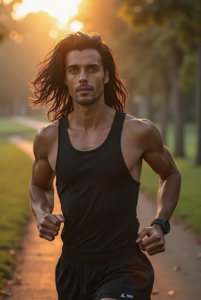 A beautiful young man , green eyes and black hair, running,Mid Shot