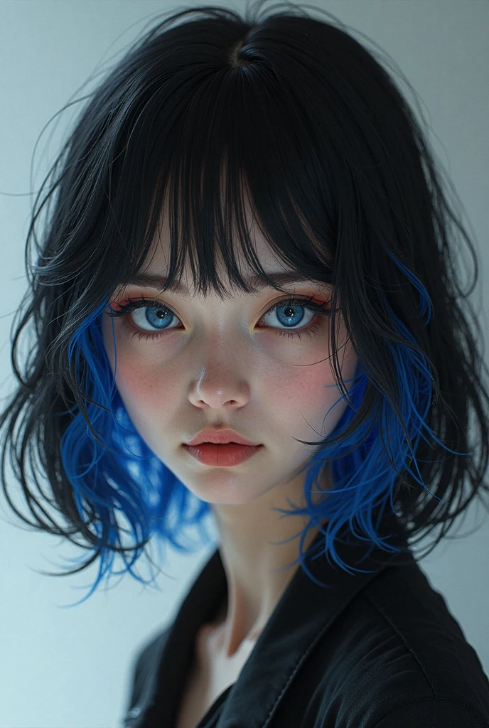 Masterpiece, Best Quality, 3D Rip Artwork, 3DMM Style, Close-up, Portrait, Realism, Solo Girl, Colorful Hair, Blue Hair, Brunette Hair, Freckles, Bi-color Hair, Look to the Side, Simple Background, Black Eyes, Short Hair & Bangs, Parted Lips, Challenge Eye, Black Shirt, Shirt Detail, Watermark Treatment. --auto