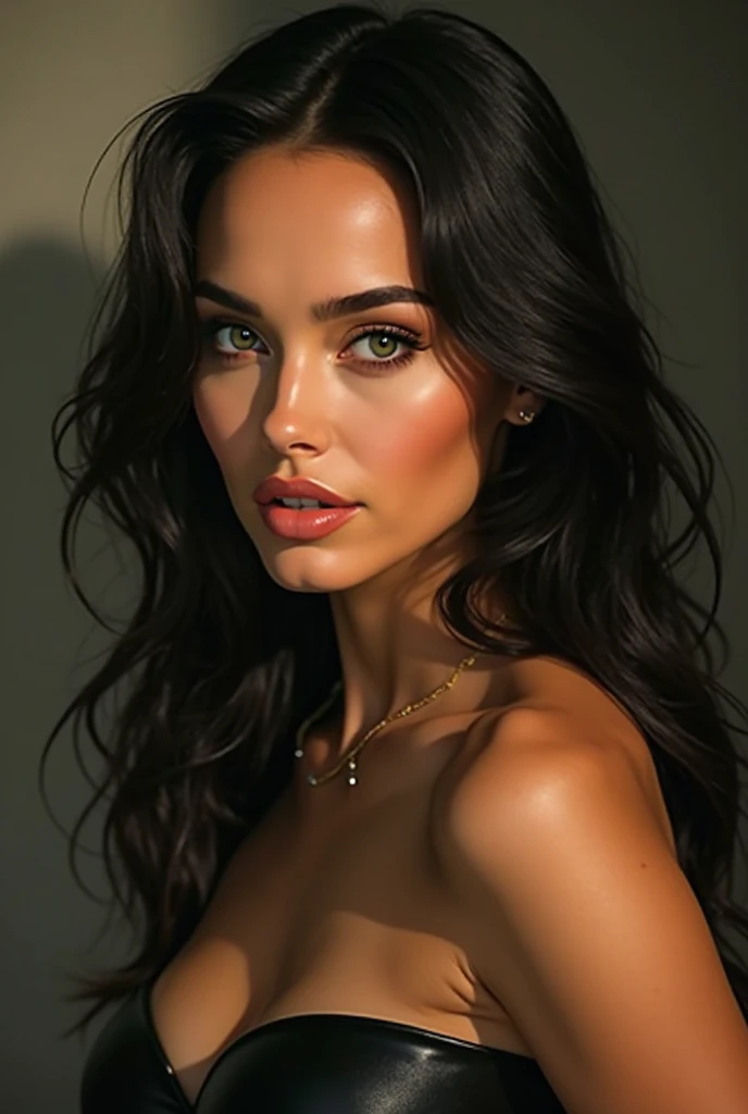 1girl,a beautiful fashion model ,(masterpiece, detailed background, best quality), elegant makeup, hoop earrings, seductive smile, oral invitation, ear blush, full blush, 8k, super detail, ccurate, best quality, award winning, best quality, 1080P, 4K, textured skin, slutty outfit, abs, ((tan skin, shiny skin)), akali, long black hair, long ponytail, hair between eyes, blue eyes, girl wearing bikini top and shorts, visible thong straps slender, athletic, slim, abs, hair between eyes