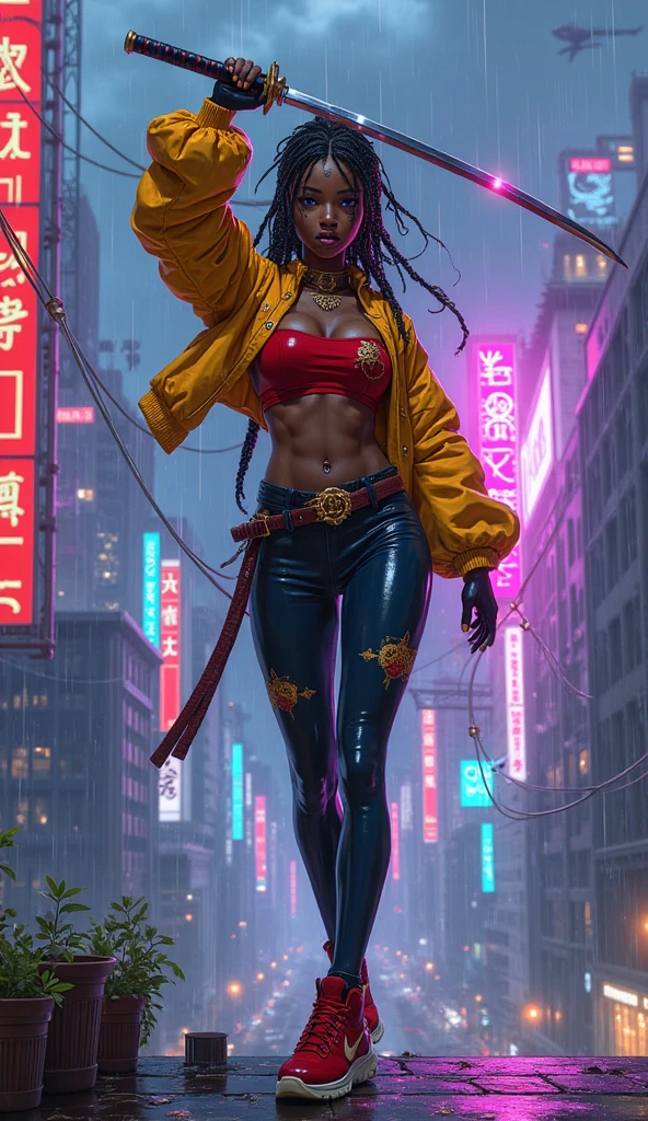 (masterpiece,stunning girlfriend, (standing:1.1), dynamic pose, heart shaped face, elegant face, beautiful face, highly detailed face, highres, masterpiece,best quality,original,extremely detailed CG,extremely detailed wallpaper,perfect lighting,looking at viewer,bare hands,1girl, SiennaKhan,short hair,black hair,animal ears,yellow eyes,cat ears,dark skin,dark-skinned female,gloves,jewelry,earrings,cape,facial mark,cleavage cutout,hoop earrings, standing, outdoors, cyberpunk city, busy street, closed mouth, serious look, serious expression, looking at viewer,