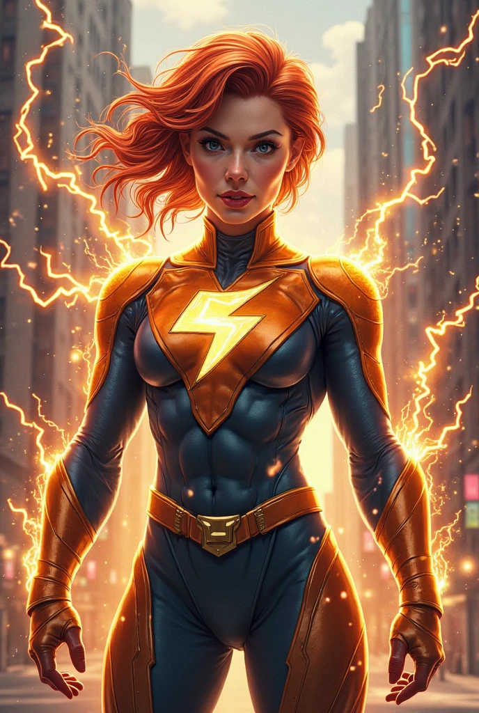 Nova Blaze is a courageous and kind-hearted superhero, always driven by her strong sense of justice. She has fiery red hair that looks like it’s made of flames, and her skin has a soft golden glow. She wears a red-and-gold costume with a flame emblem on her chest. Nova Blaze is a natural leader, inspiring those around her with her determination and compassion.
Nova Blaze can control powerful flames, absorb heat to recharge her energy, fly through the air, and create protective barriers made of fire. However, she can’t handle extreme cold, which weakens her abilities and can even put out her flames. She also can’t stay in one place for too long because her energy and sense of duty constantly push her to find new challenges and help those in need.